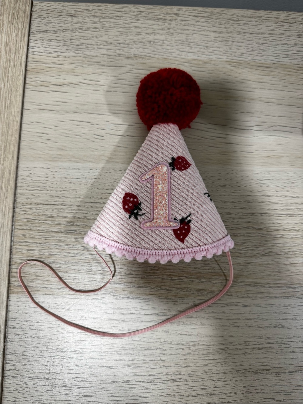 Kids 1st Birthday Strawberry Party Hat - Pink with Red Pom Pom